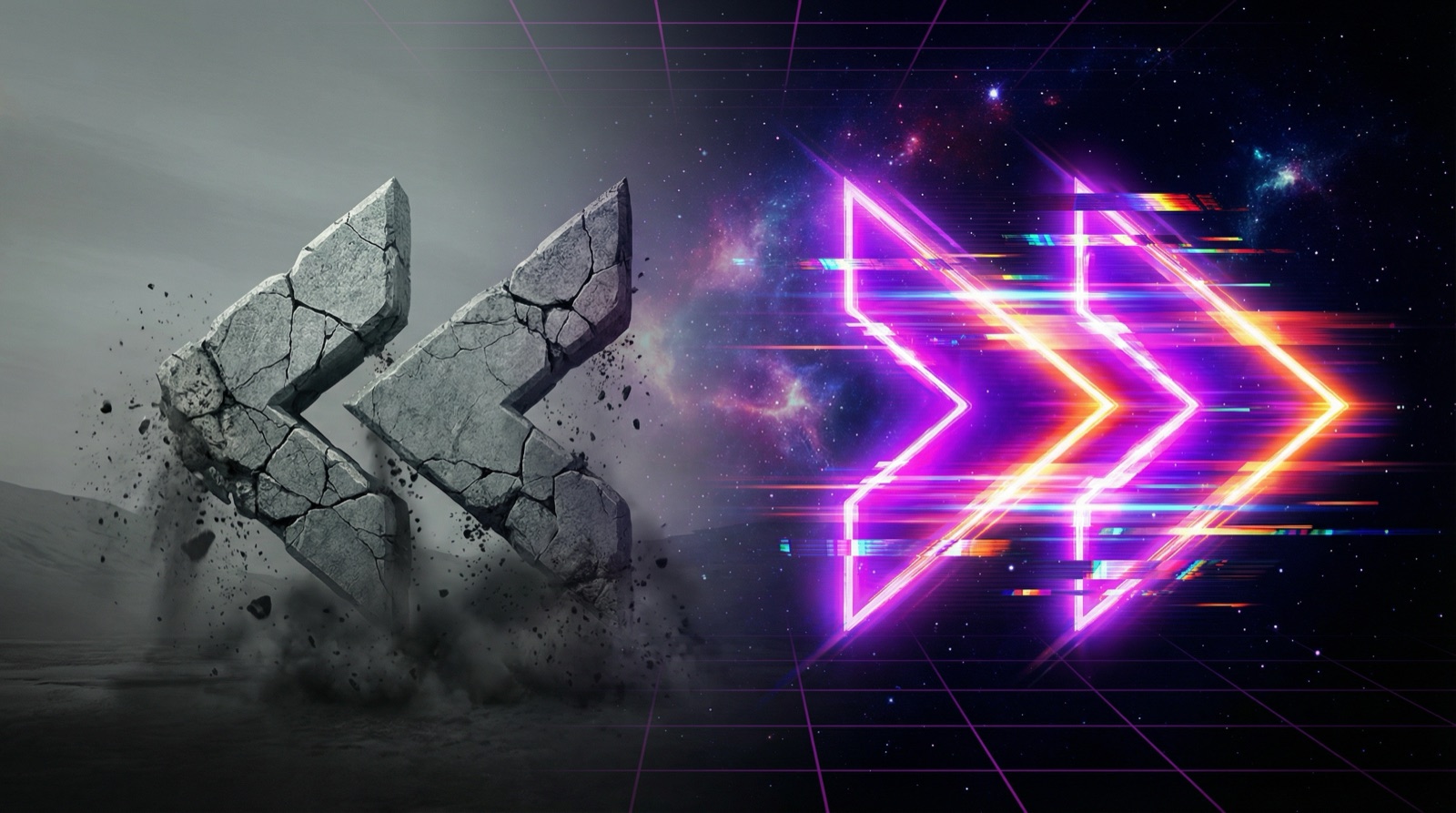 Flechas de rebobinado de piedra desmoronandose a la izquierda contrastadas con flechas de avance rapido de neon brillante a la derecha