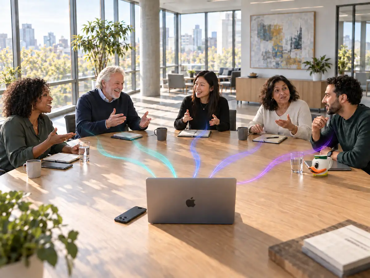 Five colleagues in a lively conversation around a spacious meeting table, with a separate glowing line of sound for each voice flowing across the table into a MacBook Pro