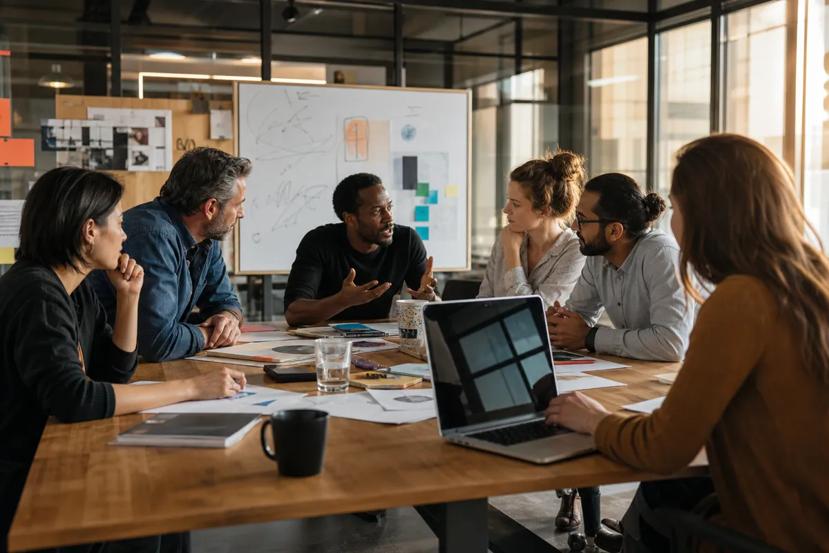 Six colleagues of different ethnicities in an active discussion around a conference table, one speaking and gesturing while the others listen
