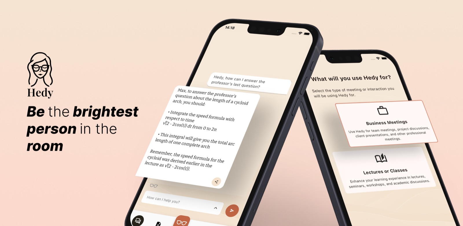 Dos iPhones mostrando la interfaz de chat de la aplicacion Hedy y la pantalla de seleccion de tipo de sesion