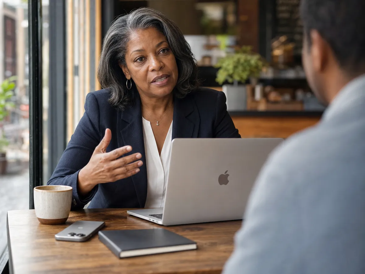 A woman in her fifties leaning forward at a cafe table mid-sentence during a client conversation, laptop open beside her and an iPhone lying face down