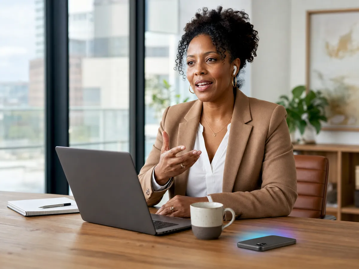 A saleswoman in a blazer speaking and gesturing during a call at her desk, an iPhone face-down beside her laptop