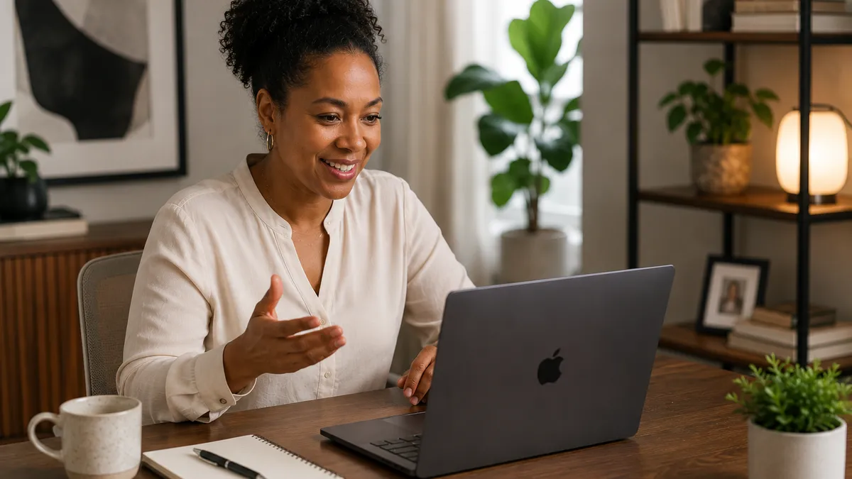 Job candidate on a video interview at a home desk, speaking openly to the interviewer on the laptop screen
