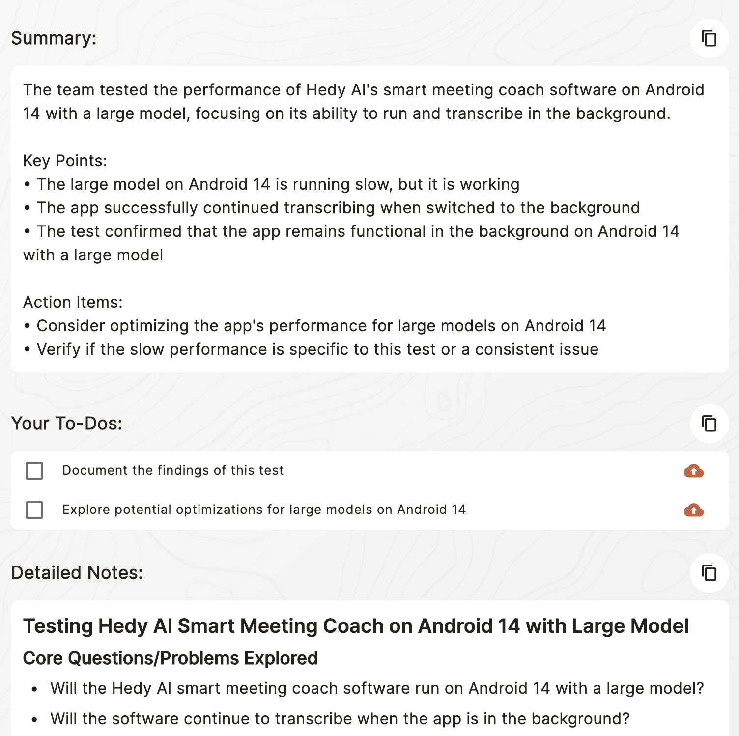 Exemple de réunion avec des tâches automatiques générées par l'IA de Hedy
