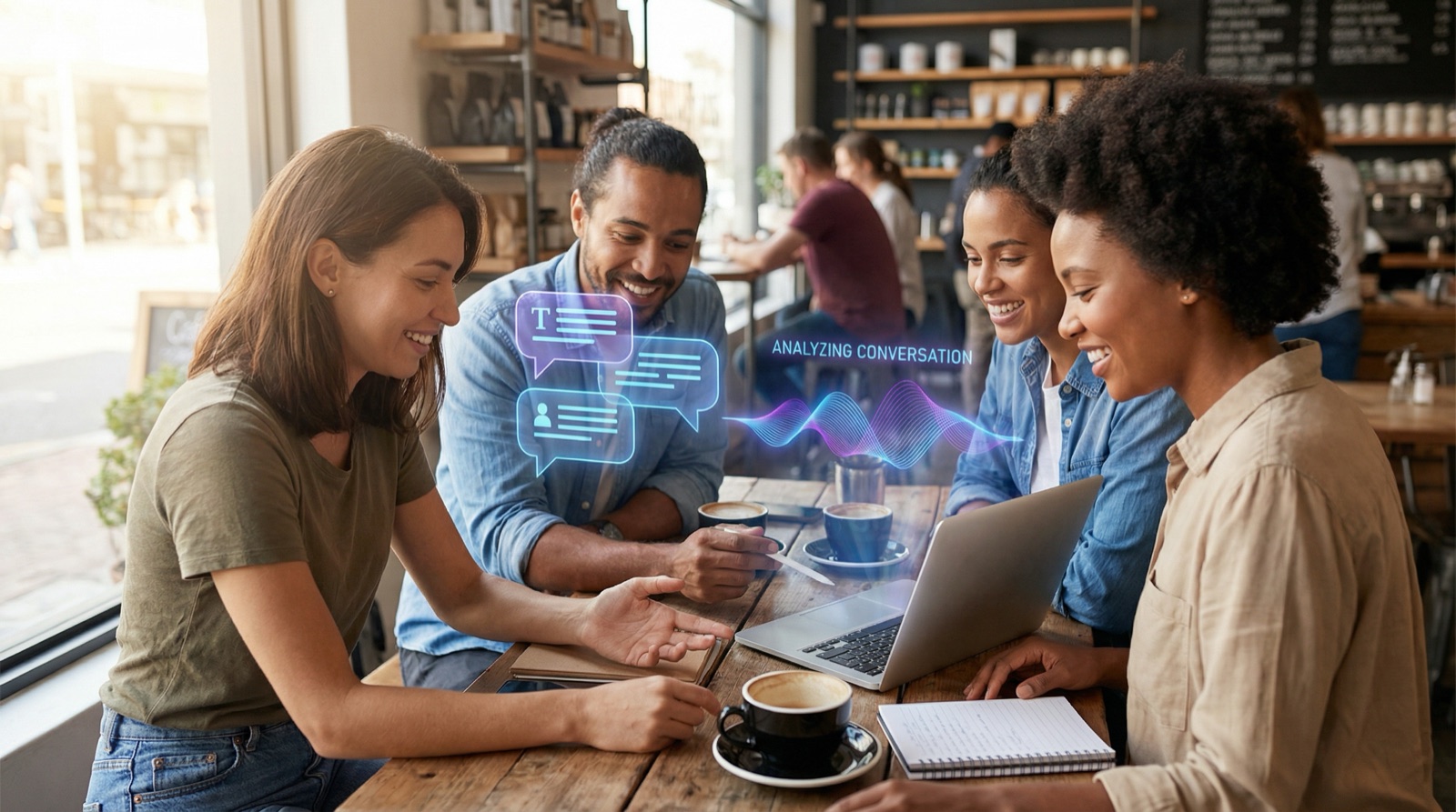 Cuatro colegas sonriendo alrededor de una laptop en un cafe con iconos holograficos de chat y analisis