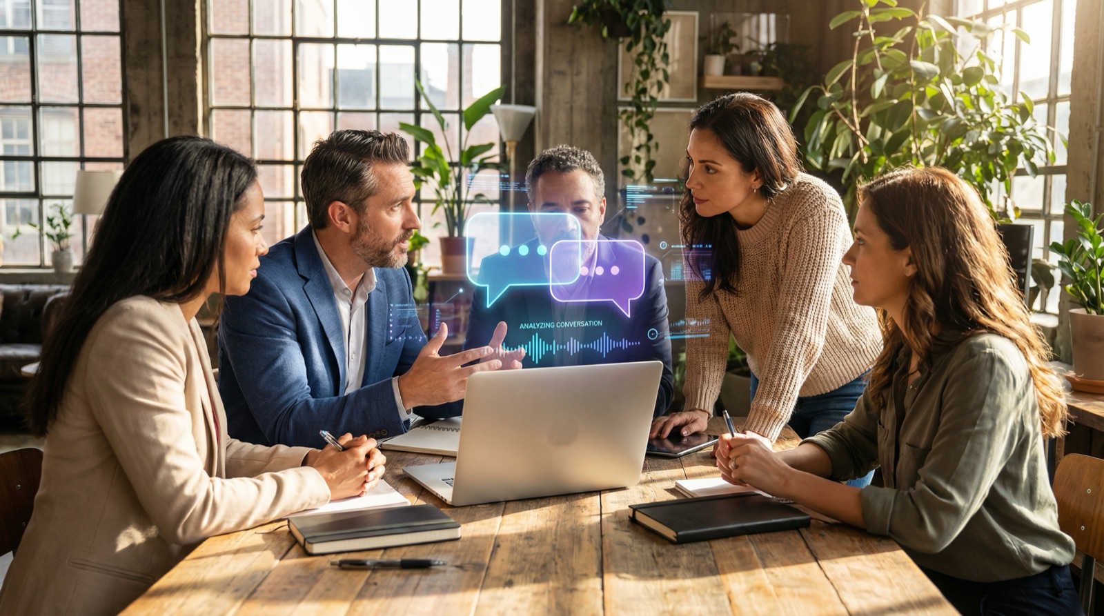 Cuatro profesionales discutiendo alrededor de una laptop con superposiciones holograficas de burbujas de texto y ondas de audio