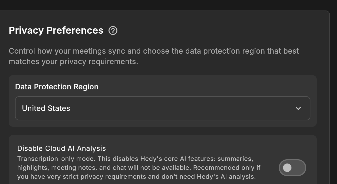 Privacy preferences showing data protection region and cloud AI analysis toggle