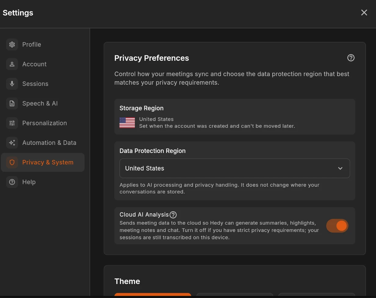The Privacy & System tab in Hedy's settings, showing the Storage Region, the Data Protection Region, and the Cloud AI Analysis toggle switched on