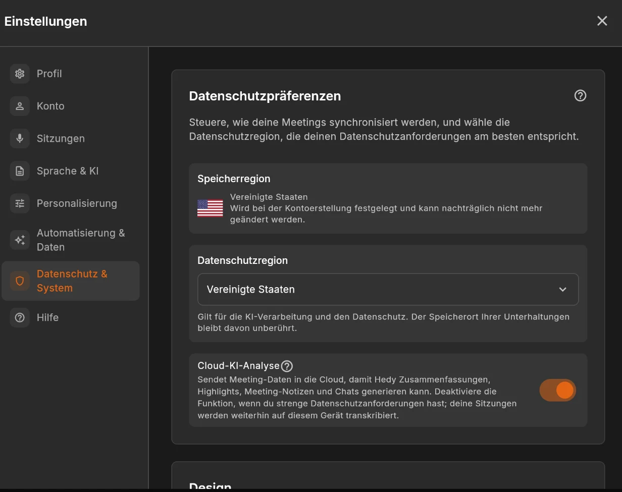 Der Tab „Datenschutz & System“ in den Hedy-Einstellungen mit „Speicherregion“, „Datenschutzregion“ und dem eingeschalteten Schalter „Cloud-KI-Analyse“