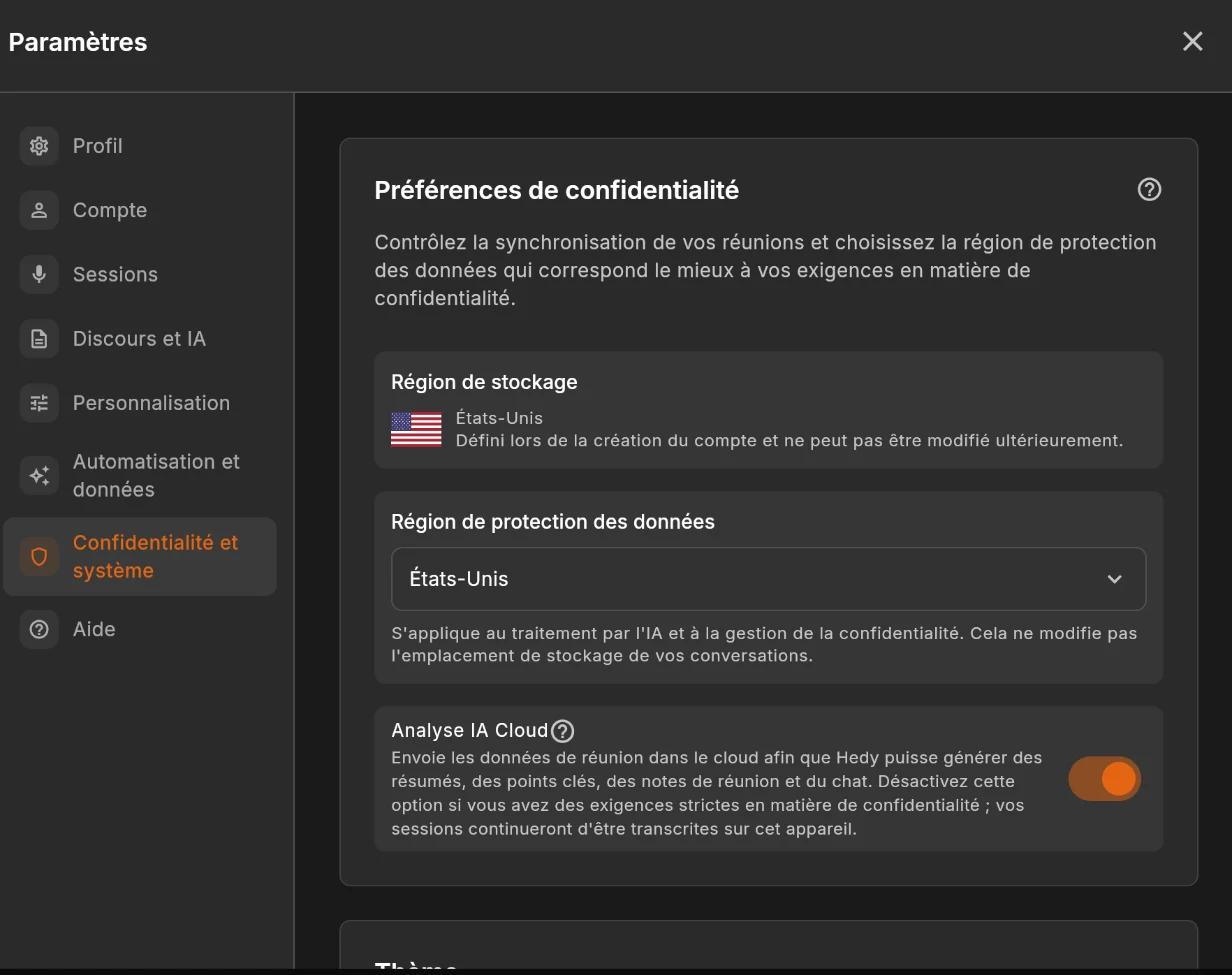 L'onglet « Confidentialité et système » dans les paramètres de Hedy, avec « Région de stockage », « Région de protection des données » et l'interrupteur « Analyse IA Cloud » activé