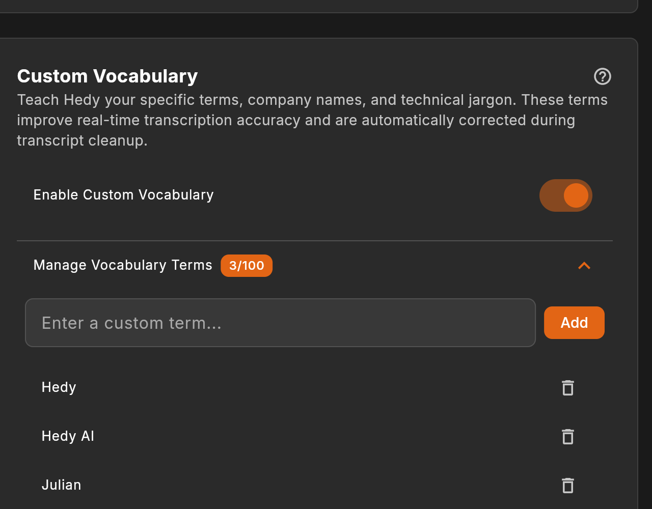 Custom vocabulary settings showing terms list with add and manage options