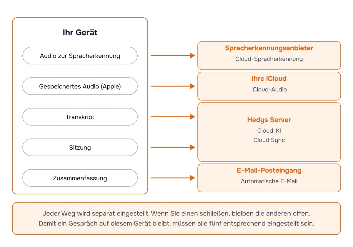 Diagramm der fünf Wege, auf denen eine Sitzung das Gerät verlassen kann, auf dem sie aufgezeichnet wurde: Audiodaten zur Spracherkennung an einen Sprachanbieter, gespeichertes Audio in Ihre iCloud, das Transkript und die Sitzung selbst an Hedys Server und die Zusammenfassung an einen E-Mail-Posteingang