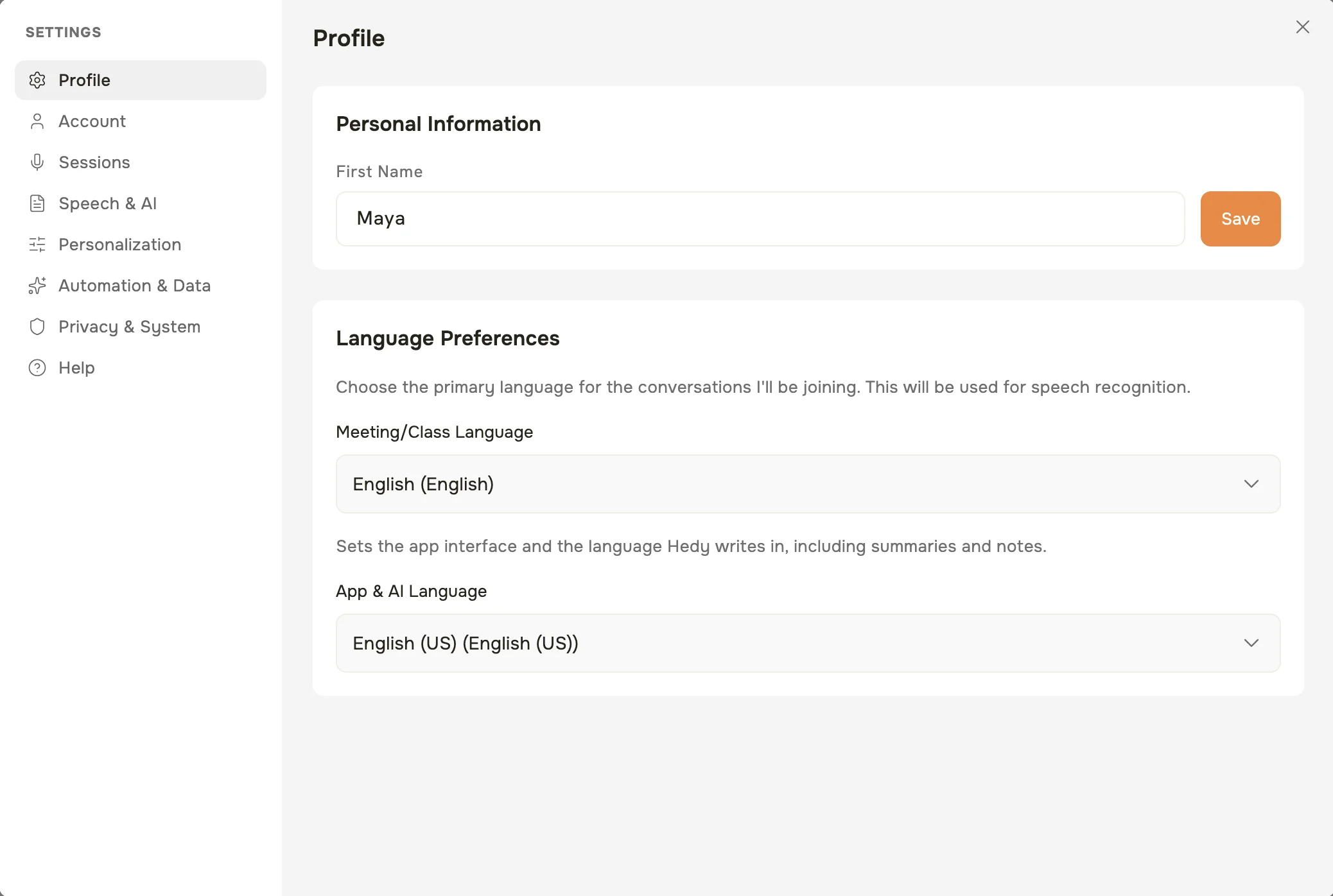 Hedy's settings in the macOS app on the Profile tab, showing the Language Preferences section with the Meeting/Class Language and App & AI Language dropdowns