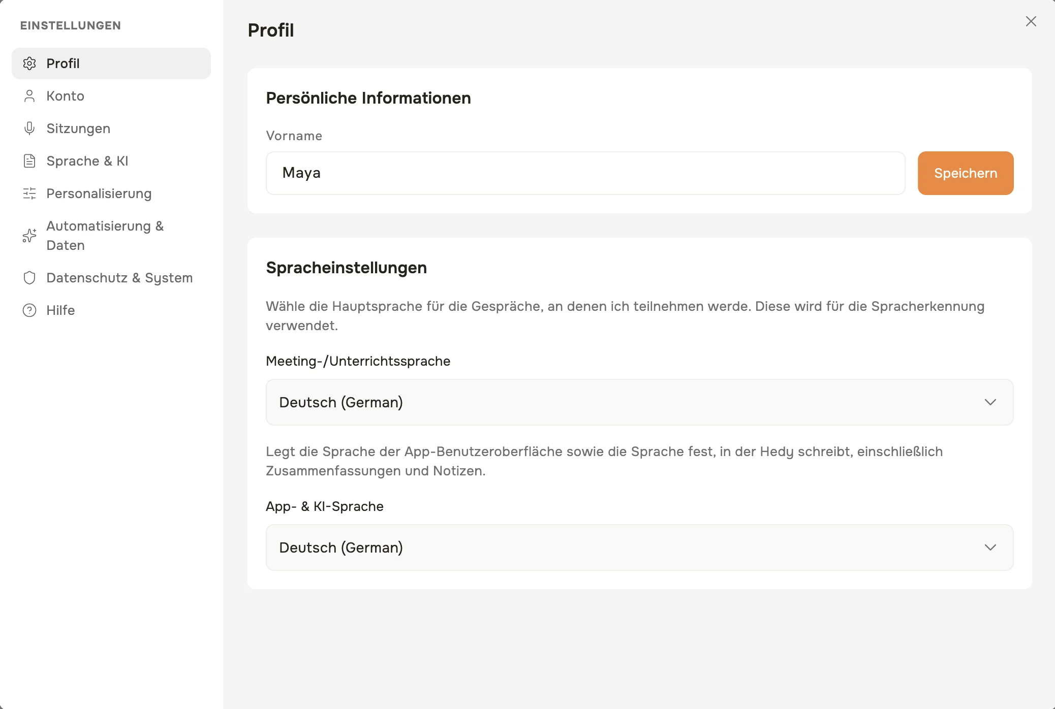 Die Hedy-Einstellungen in der macOS-App auf dem Tab Profil, mit dem Bereich Spracheinstellungen und den Auswahlfeldern Meeting-/Unterrichtssprache und App- & KI-Sprache