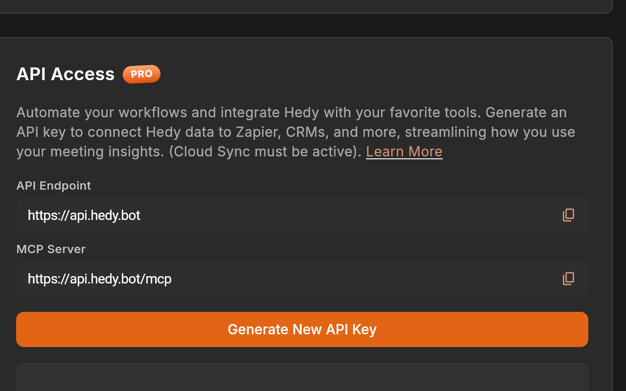 API access settings showing endpoint URLs and API key generation