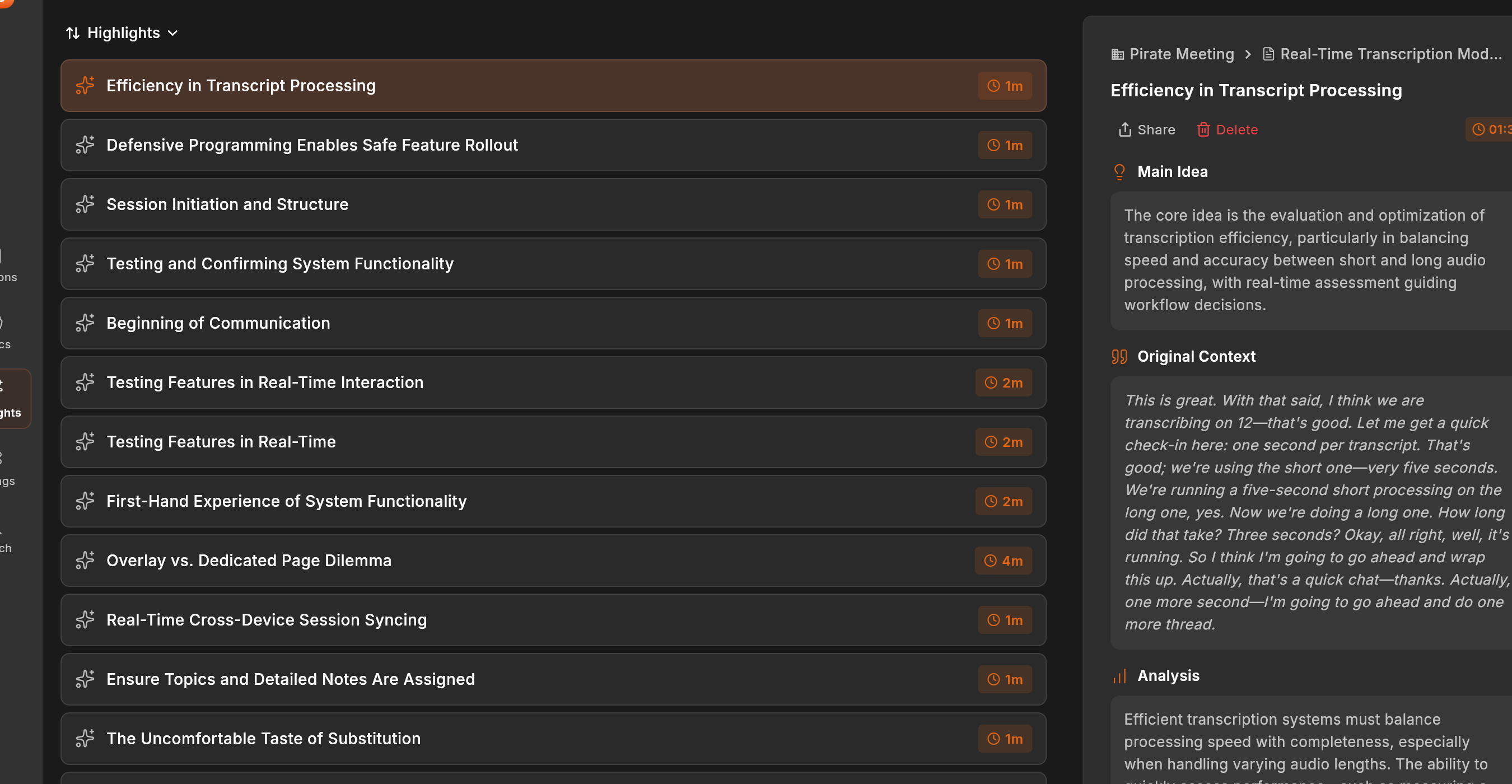 Hedy highlights screen showing saved highlights with main idea and analysis
