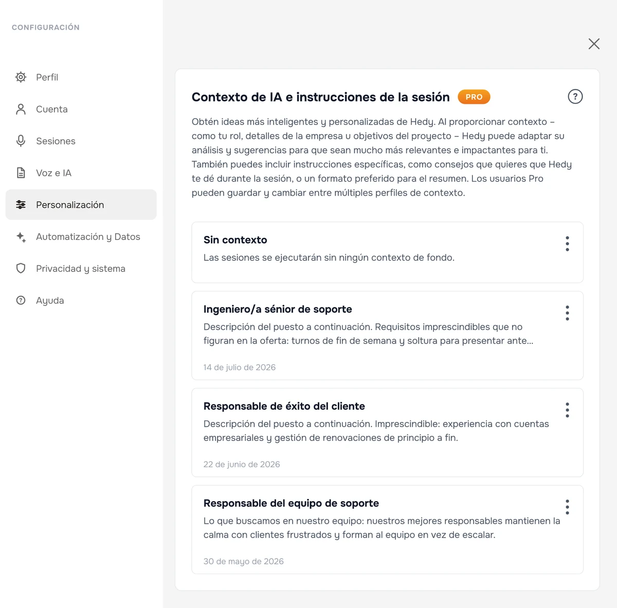 Los contextos de sesión guardados en Hedy, uno por cada puesto vacante, cada uno con la descripción del puesto y sus requisitos imprescindibles