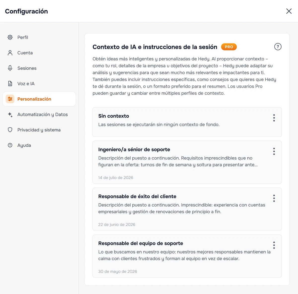 Los contextos de sesión guardados en Hedy, uno por cada puesto vacante, cada uno con la descripción del puesto y sus requisitos imprescindibles