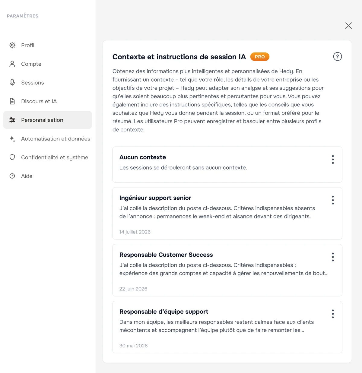 Les contextes de session enregistrés dans Hedy, avec un contexte par poste à pourvoir, chacun contenant la description du poste et ses critères indispensables