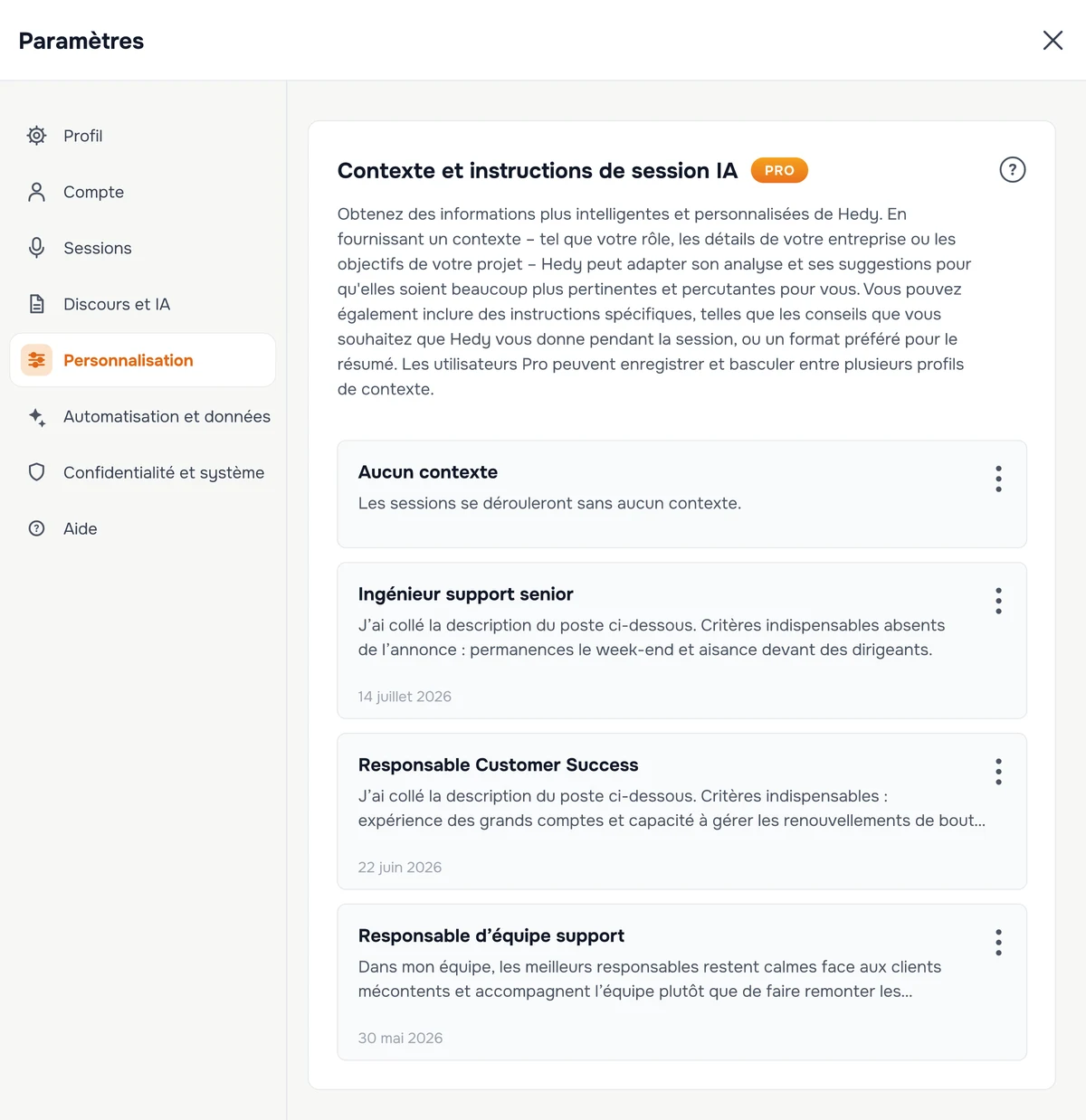 Les contextes de session enregistrés dans Hedy, avec un contexte par poste à pourvoir, chacun contenant la description du poste et ses critères indispensables