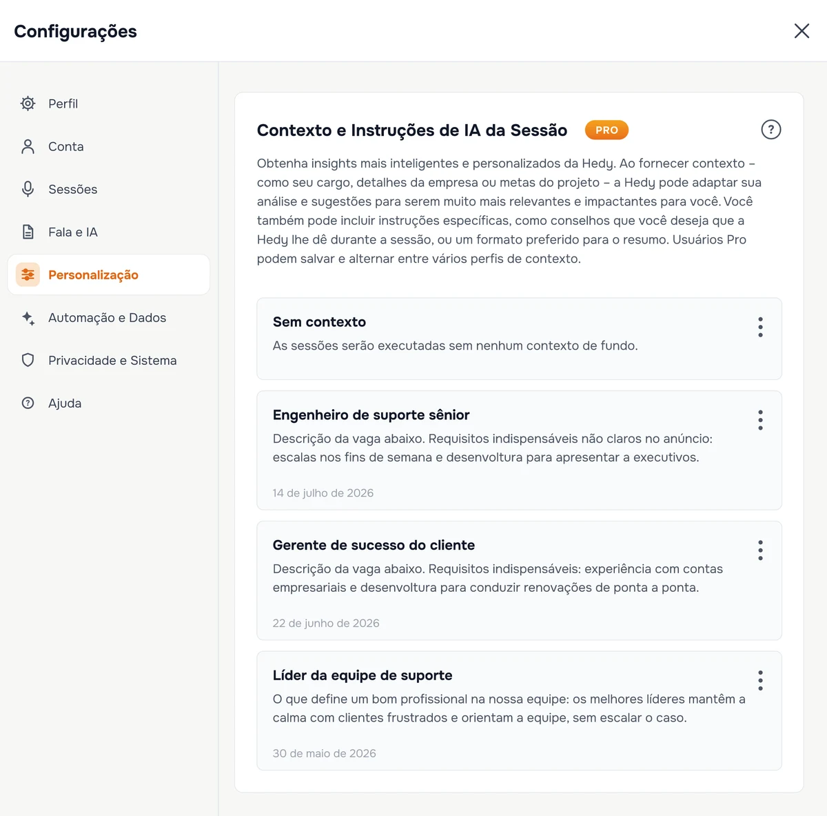 Os contextos de sessão salvos no Hedy, com um contexto para cada vaga em aberto, cada um contendo a descrição da vaga e os requisitos indispensáveis dessa função