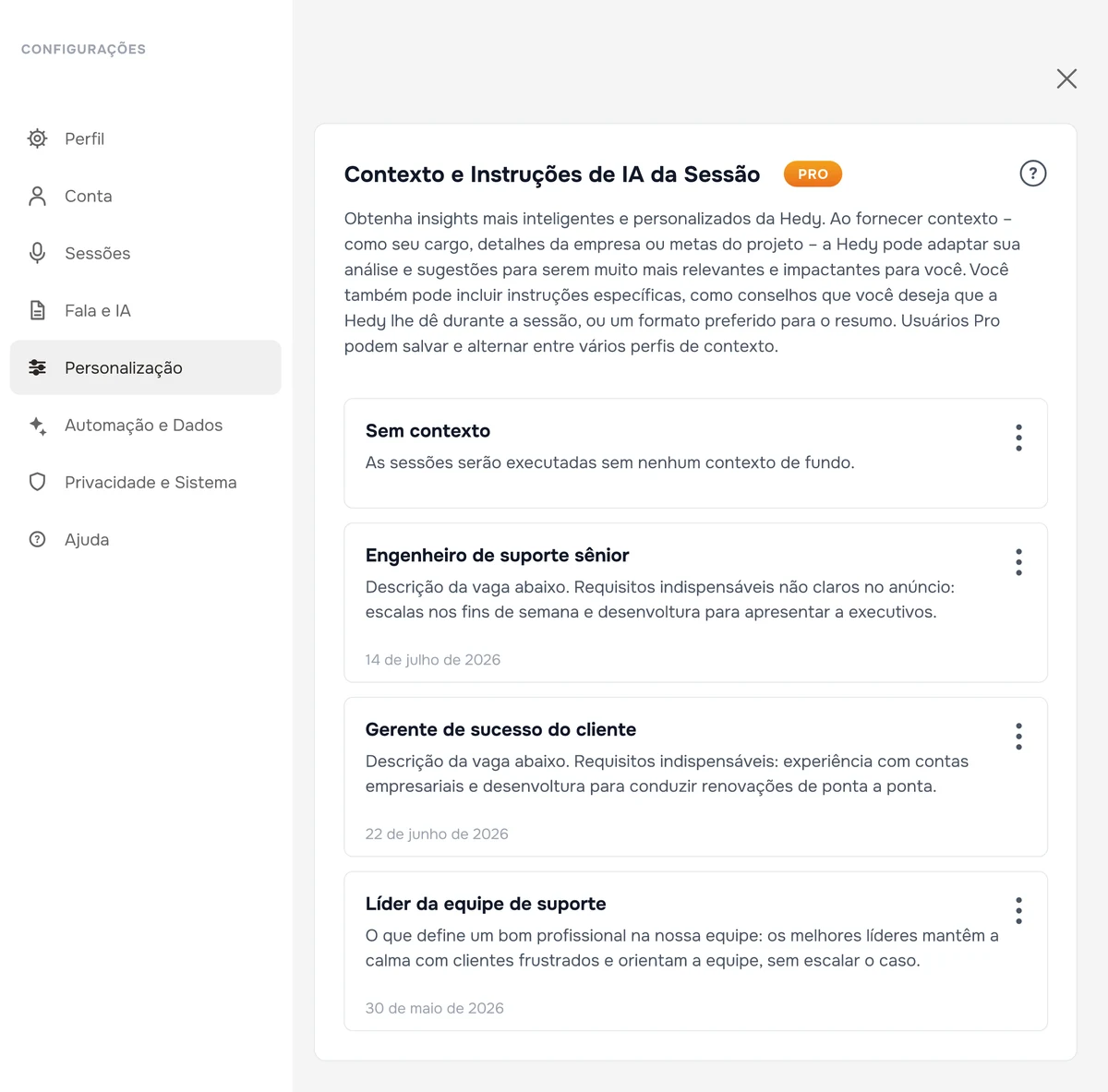 Os contextos de sessão salvos no Hedy, com um contexto para cada vaga em aberto, cada um contendo a descrição da vaga e os requisitos indispensáveis dessa função