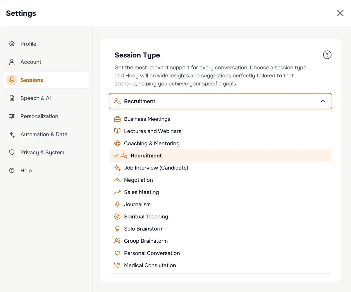 The Session Type setting in Hedy, with the dropdown open and Recruitment selected