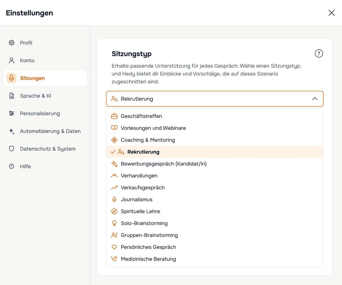 Die Einstellung für den Sitzungstyp in Hedy, mit geöffnetem Dropdown-Menü und ausgewählter Rekrutierung