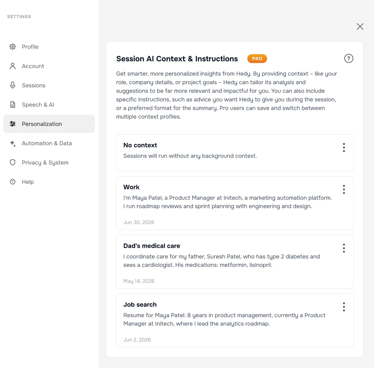 The Session AI Context & Instructions section in Hedy's settings, showing saved custom contexts
