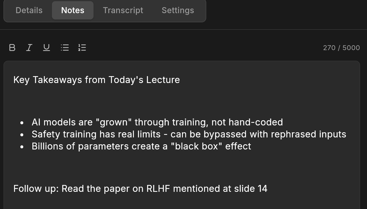 Session notes editor with formatting toolbar and sample notes