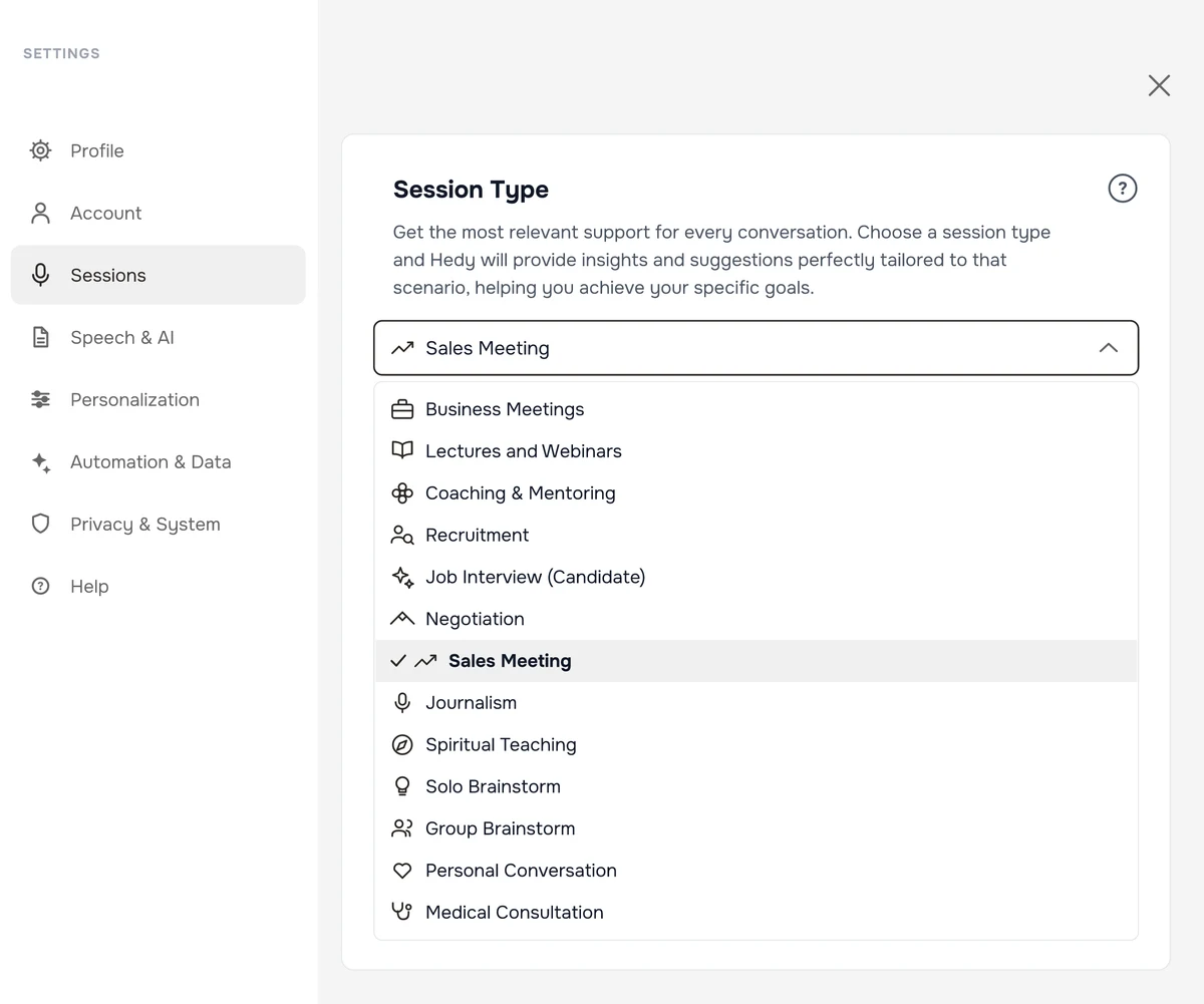 The Session Type setting in Hedy, with the dropdown open showing all available session types and Sales Meeting selected