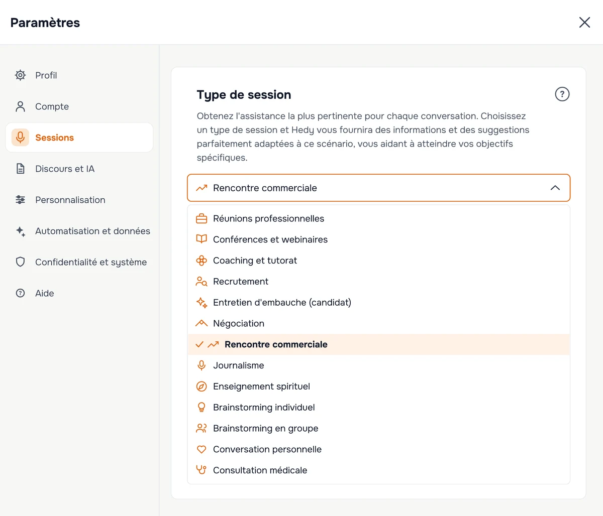 Le paramètre Type de session dans Hedy, avec le menu déroulant ouvert affichant tous les types de session disponibles et Rencontre commerciale sélectionnée