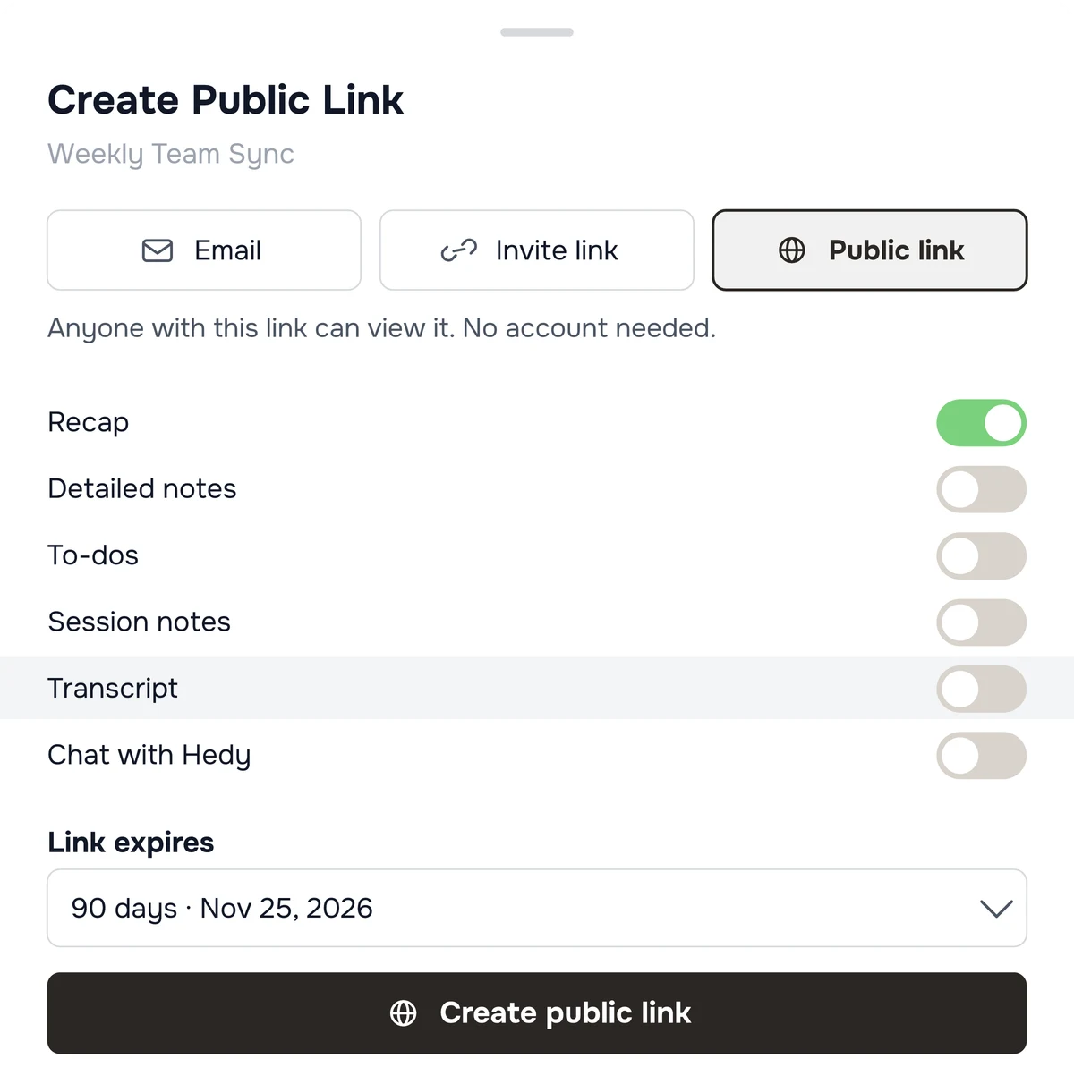 Hedy's share dialog with Public link selected: Recap is on, every other content type is off, above the expiry choice and the create button