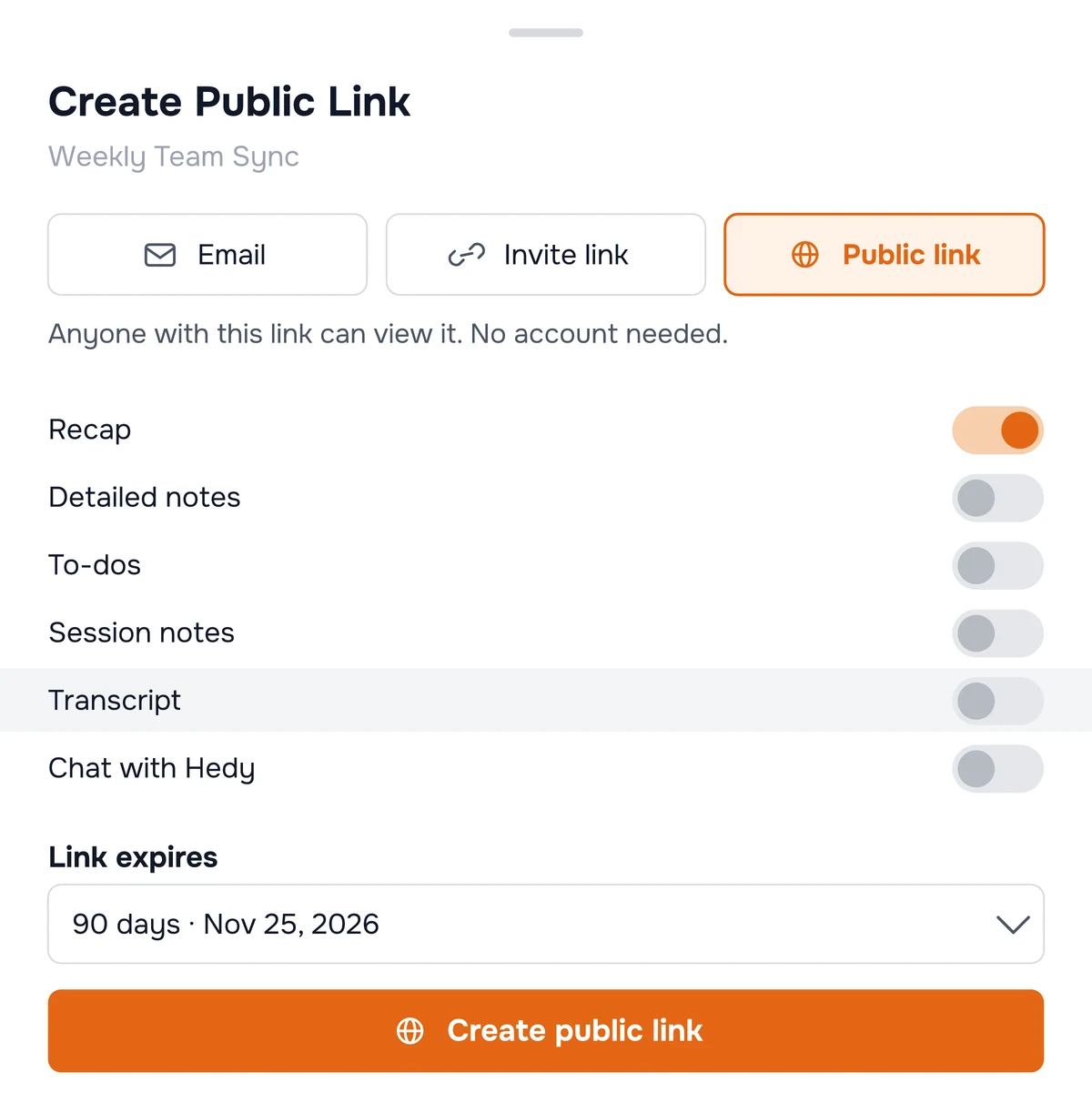 Hedy's share dialog with Public link selected: Recap is on, every other content type is off, above the expiry choice and the create button