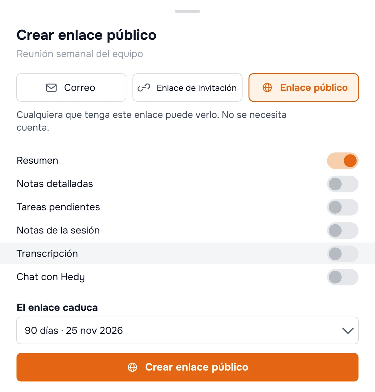 El diálogo para compartir de Hedy con el enlace público seleccionado: Recap está activado, el resto del contenido está desactivado, con la caducidad y el botón de creación debajo