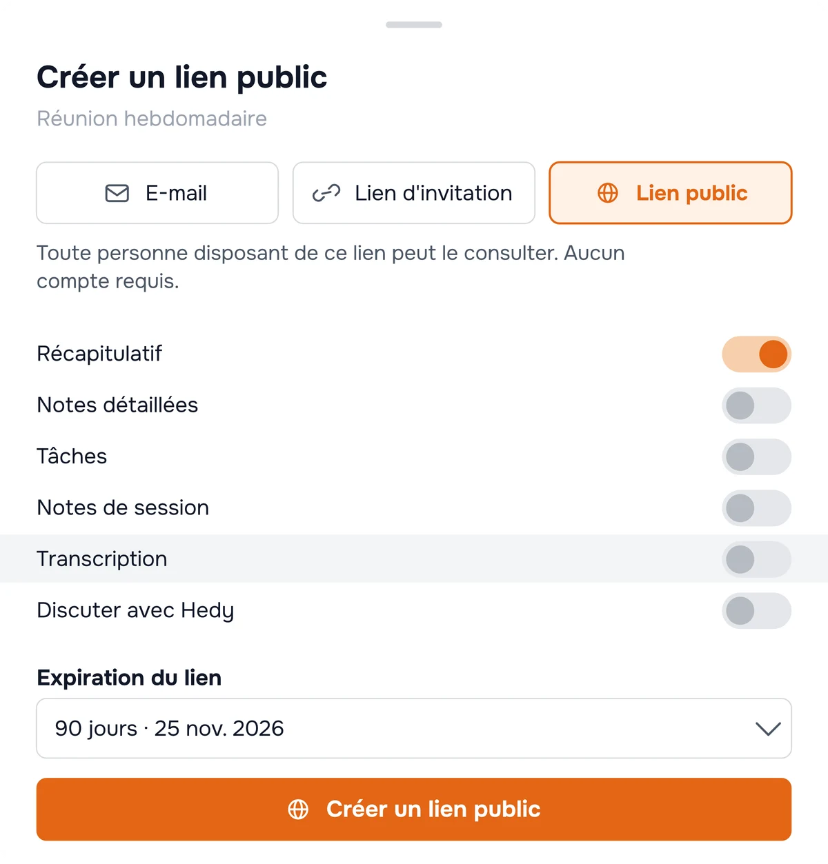 La boîte de dialogue de partage de Hedy avec le lien public sélectionné : Recap est activé, tout le reste est désactivé, avec l'expiration et le bouton de création en dessous