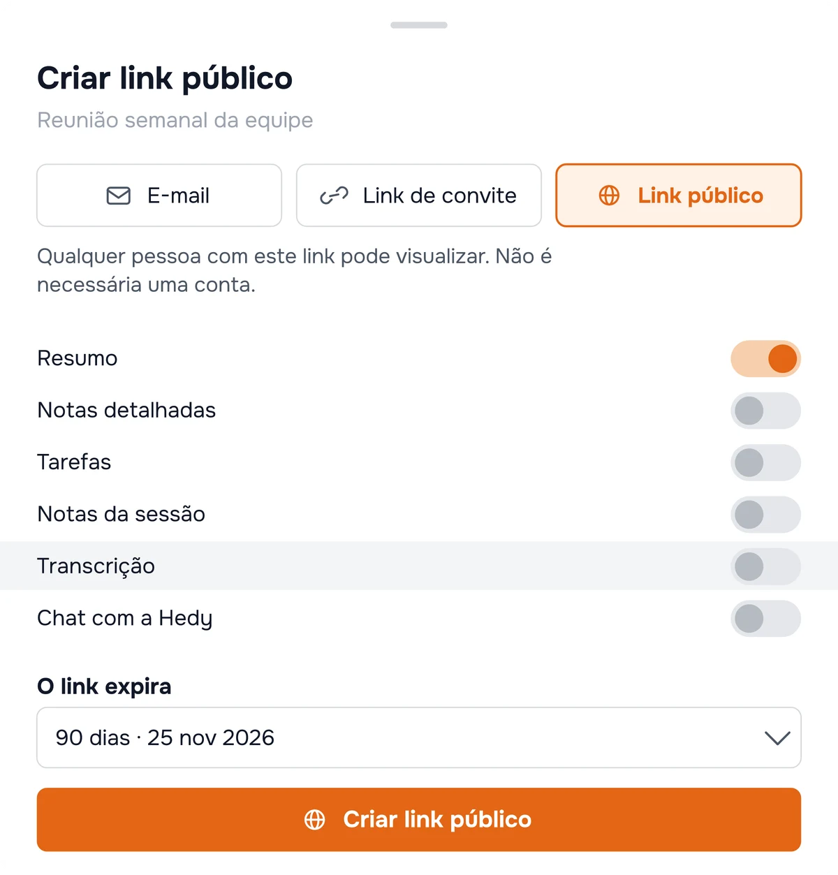 A caixa de diálogo de compartilhamento do Hedy com o link público selecionado: Recap está ativado, o restante do conteúdo está desativado, com a expiração e o botão de criação abaixo