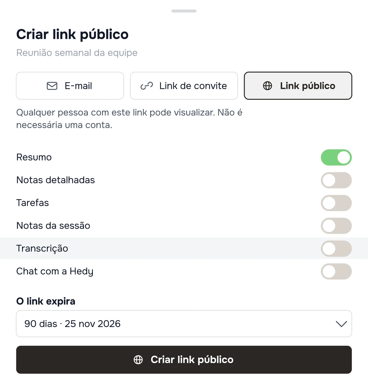 A caixa de diálogo de compartilhamento do Hedy com o link público selecionado: Recap está ativado, o restante do conteúdo está desativado, com a expiração e o botão de criação abaixo