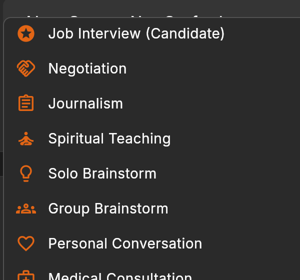 Session type picker showing available types