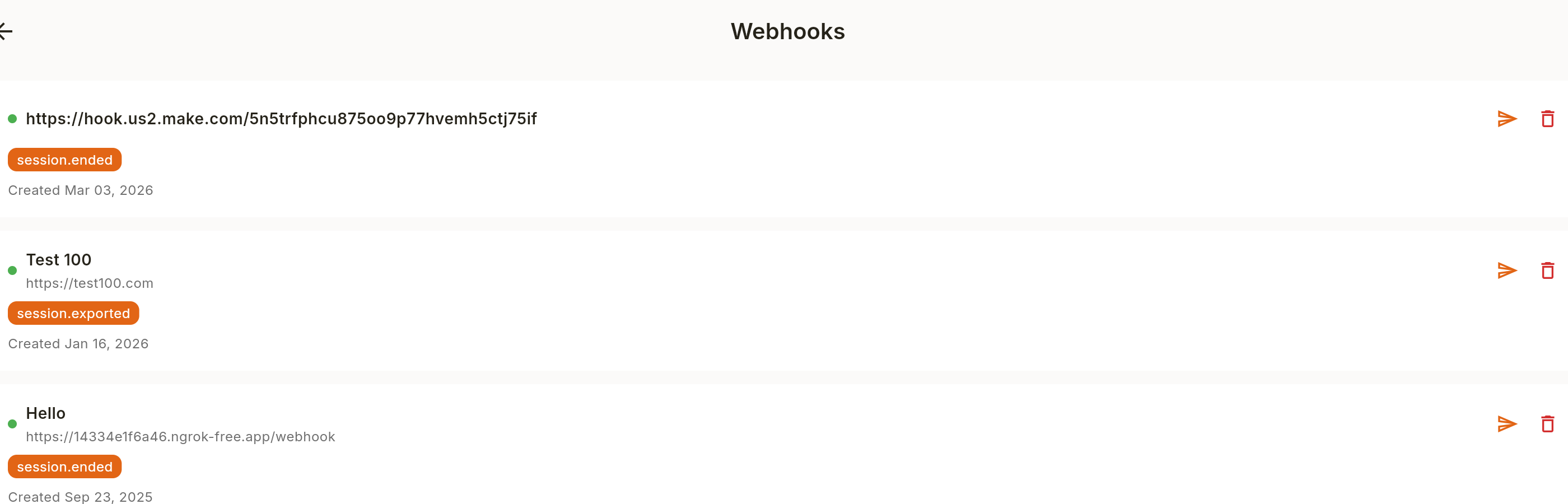 Webhooks management screen showing configured webhooks with event types and URLs