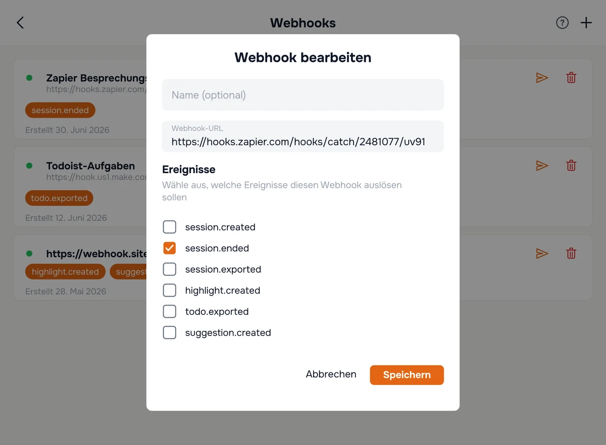 Der Dialog „Webhook bearbeiten" in Hedy mit den Feldern für Name und URL über der Liste der abonnierbaren Ereignisse, wobei session.ended ausgewählt ist