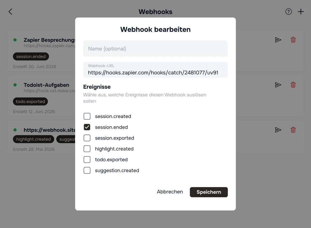 Der Dialog „Webhook bearbeiten" in Hedy mit den Feldern für Name und URL über der Liste der abonnierbaren Ereignisse, wobei session.ended ausgewählt ist