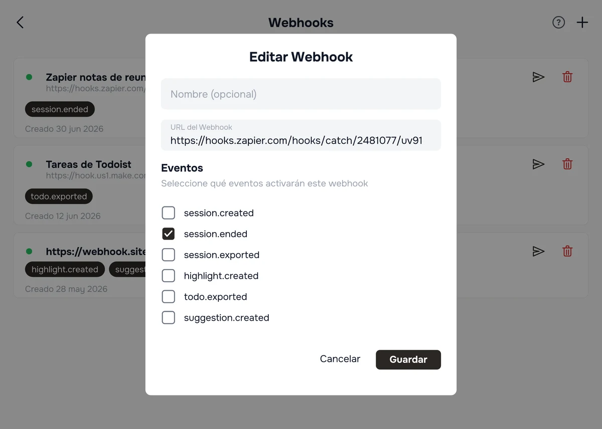 El cuadro de diálogo Editar Webhook en Hedy, con los campos de nombre y URL sobre la lista de eventos suscribibles y session.ended seleccionado