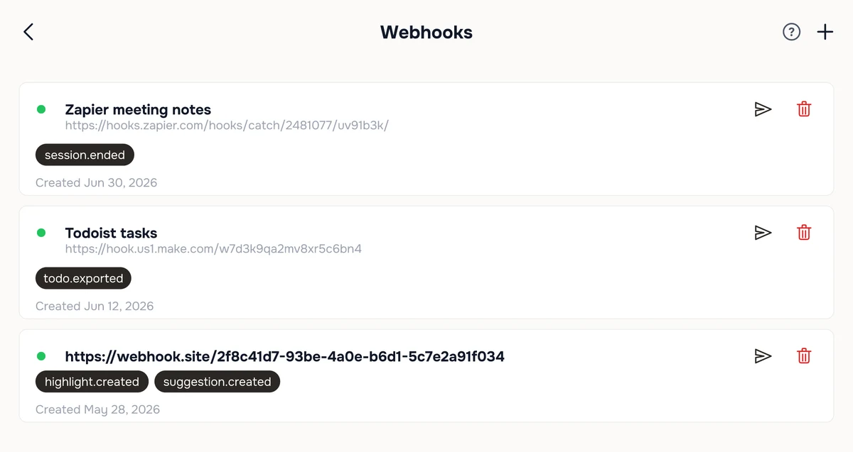 The Webhooks screen in Hedy, listing three configured webhooks with their URLs, subscribed event chips, and creation dates