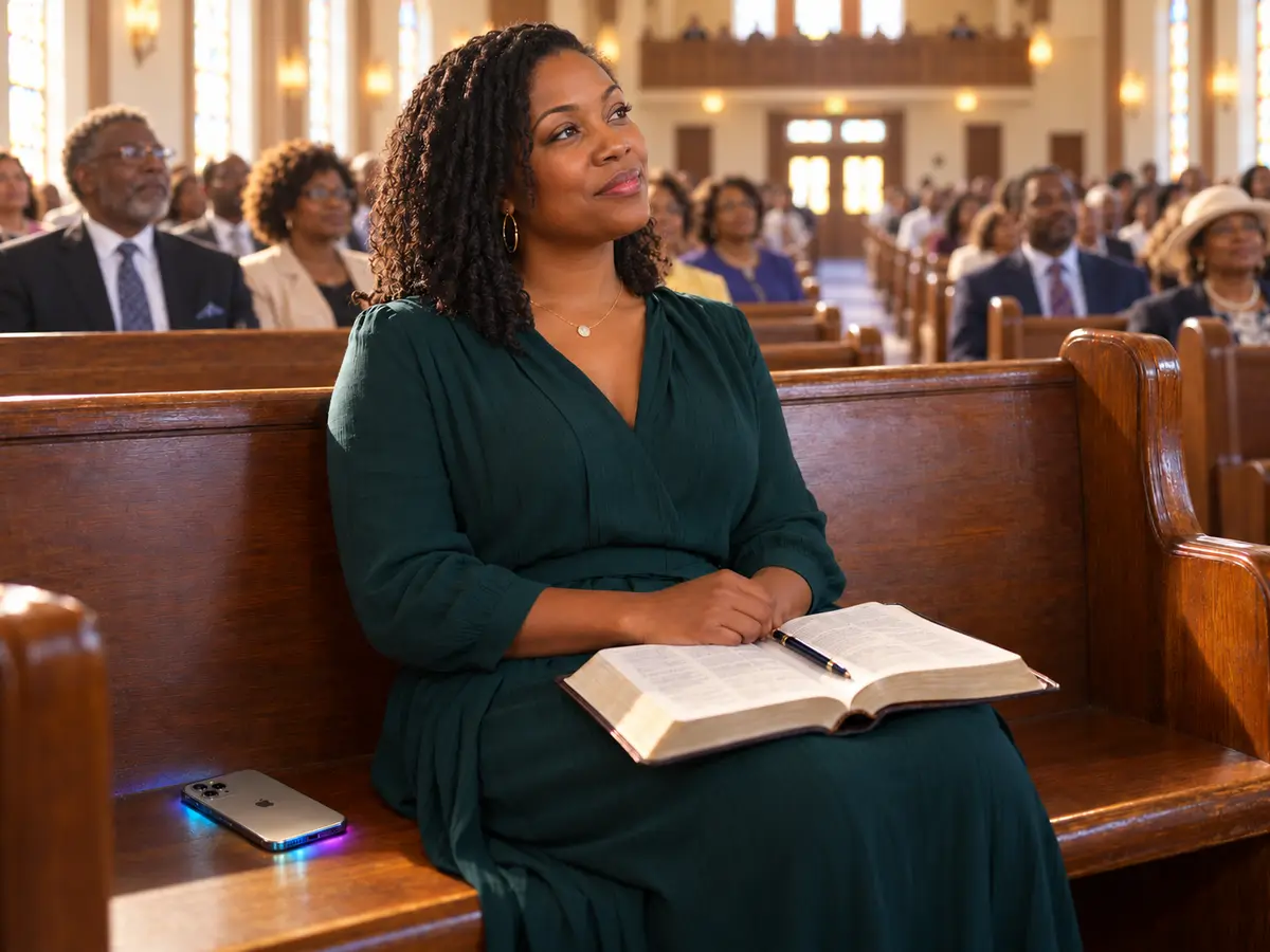 Woman listening to a sermon in a church pew with an open Bible on her lap and her phone face-down on the pew beside her